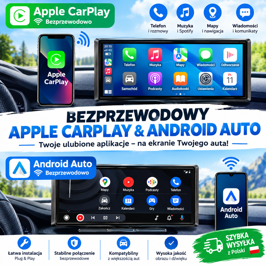 Przenośny Ekran 8,1" do Samochodu – Apple CarPlay, Android Auto, Bluetooth + Kamera Cofania