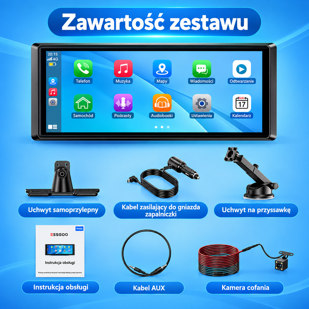 Przenośny Ekran 8,1" do Samochodu – Apple CarPlay, Android Auto, Bluetooth + Kamera Cofania
