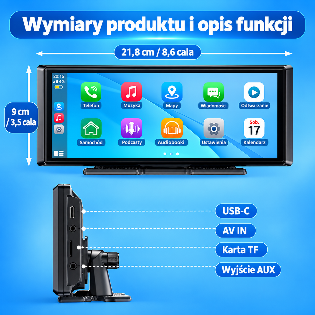 Przenośny Ekran 8,1" do Samochodu – Apple CarPlay, Android Auto, Bluetooth + Kamera Cofania