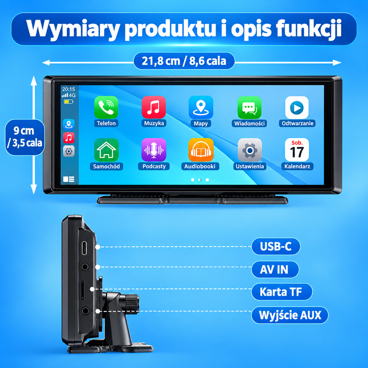 Przenośny Ekran 8,1" do Samochodu – Apple CarPlay, Android Auto, Bluetooth + Kamera Cofania