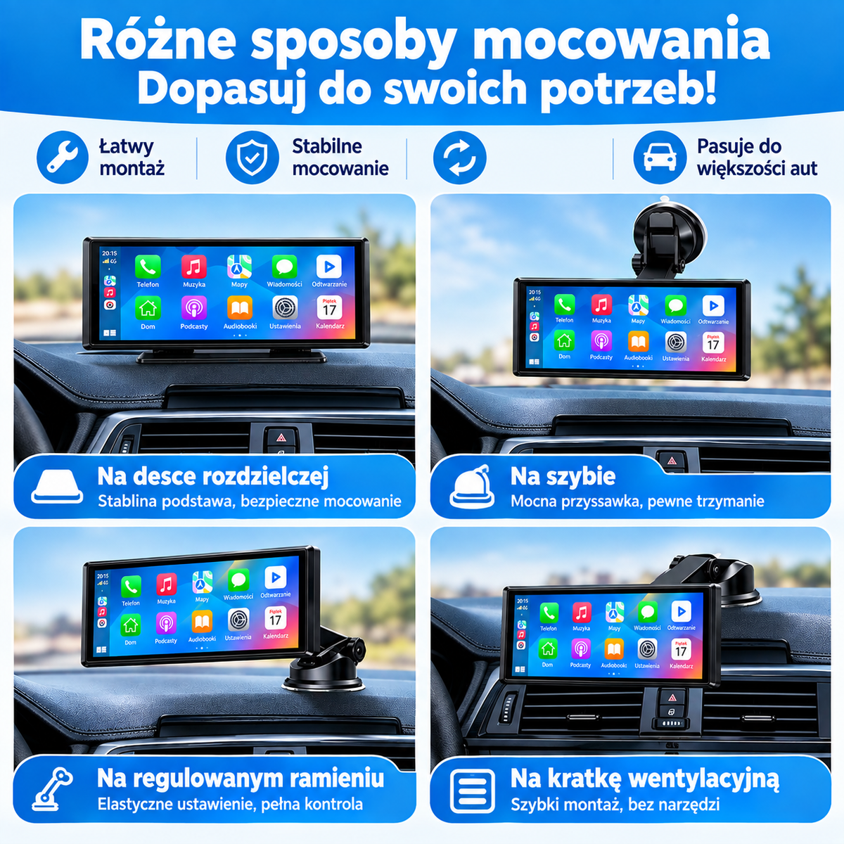 Przenośny Ekran 8,1" do Samochodu – Apple CarPlay, Android Auto, Bluetooth + Kamera Cofania