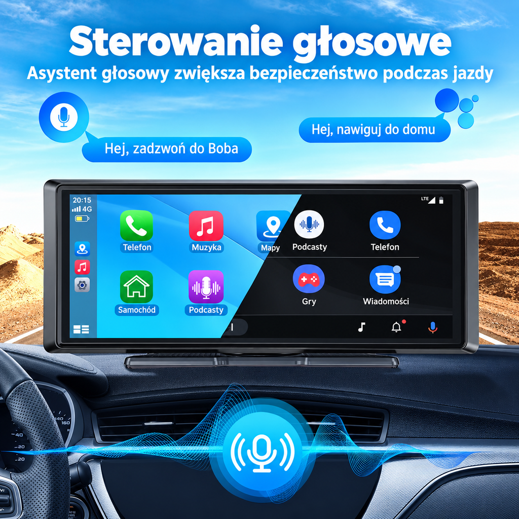 Przenośny Ekran 8,1" do Samochodu – Apple CarPlay, Android Auto, Bluetooth + Kamera Cofania